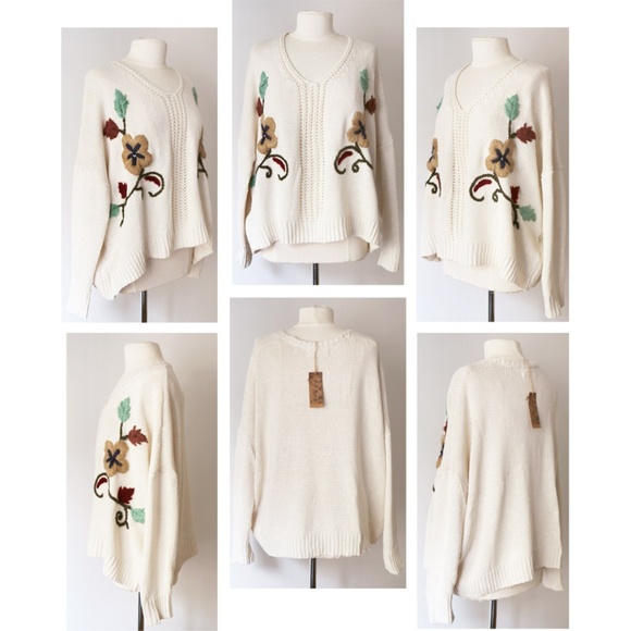 Cream Floral Embroidered Oversize Slouchy Sweater - Picture 7 of 8